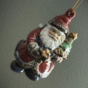 Vintage Old Father Christmas Santa Klaus Ceramic Articulated Red Green Glazed